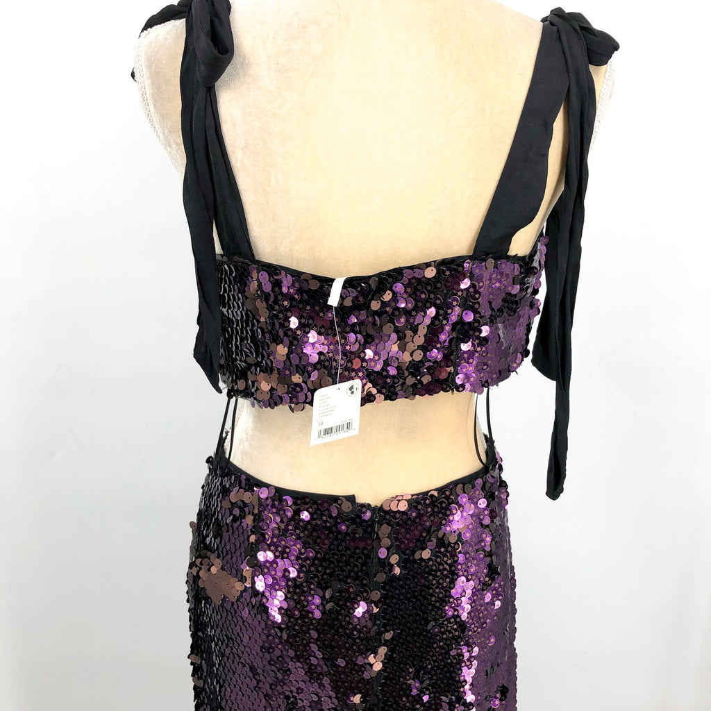 FREE PEOPLE Star Bright Sequin Set Size 10 Purple Maxi Skirt Crop Top NWT