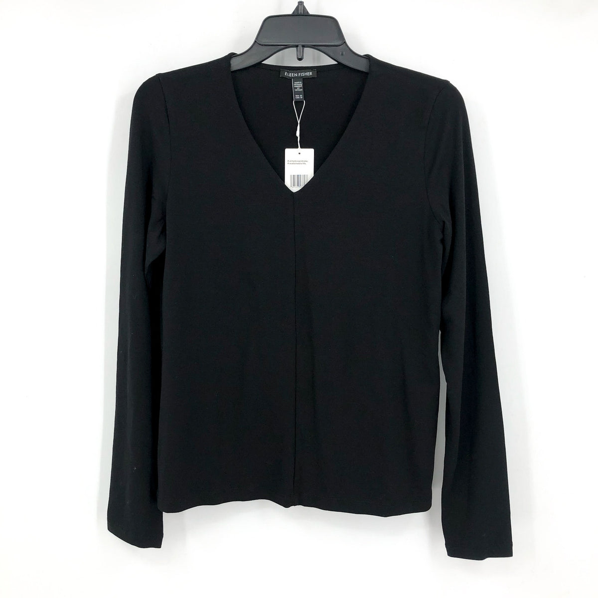 EILEEN FISHER Womens Fine Jersey Long Sleeve V-Neck Top Large Black Slim Fit NWT