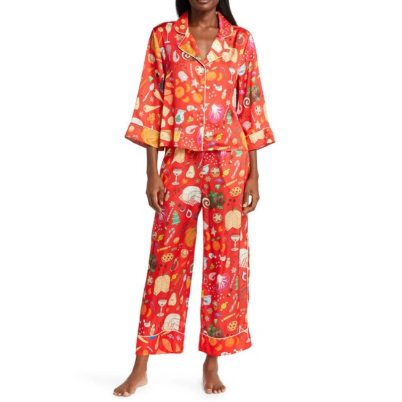 KAREN MABON Women's Holiday Feast Pajama Set XS Red Print Long Sleeve NWT