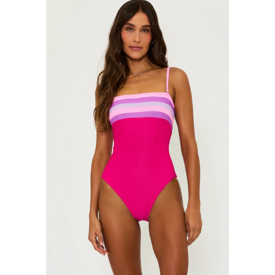 BEACH RIOT Jessa Bandeau One Piece Swimsuit Medium Pink Raspberry Colorblock NWT