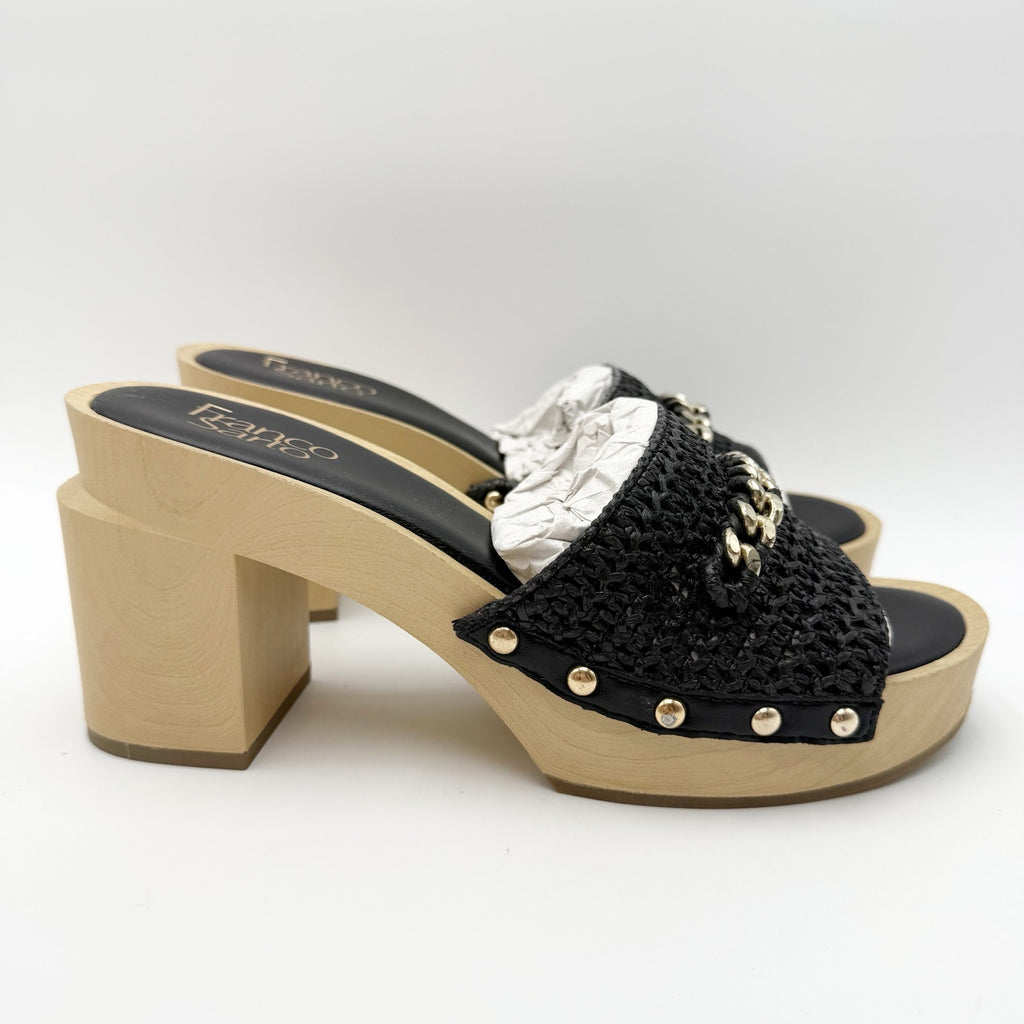 Franco Sarto Womens Capri Dressy Heeled Sandals Size 8 M Black Natural Wood NIB