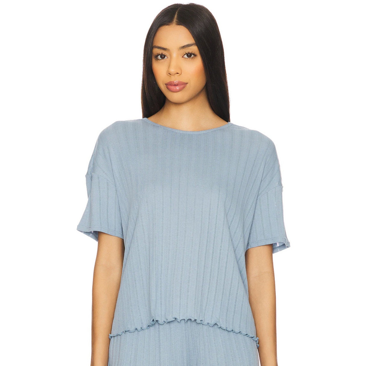 EBERJEY Women's Pointelle Short Sleeve Tee XS Blue Faded Denim Tencel Modal NWT