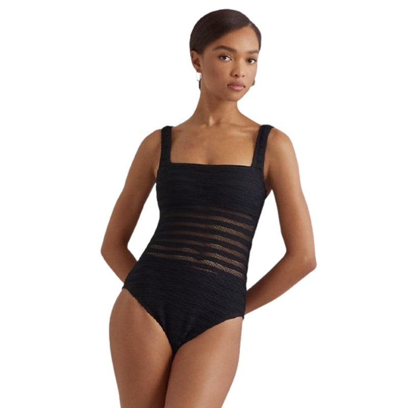 LAUREN RALPH LAUREN Ottoman One-Piece Swimsuit Size 16 Black Mesh Stripe NWT