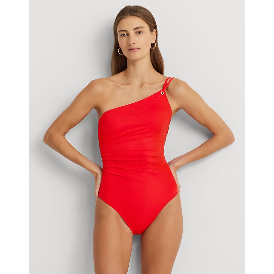 LAUREN RALPH LAUREN Double Strap One Piece Swimsuit Size 8 Red One Shoulder NWT