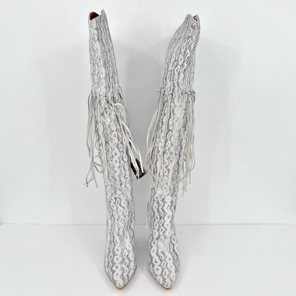 DINGO Womens Kitty Kat Fringe Cowboy Boots Size 8.5M White Snake Snip Toe NIB