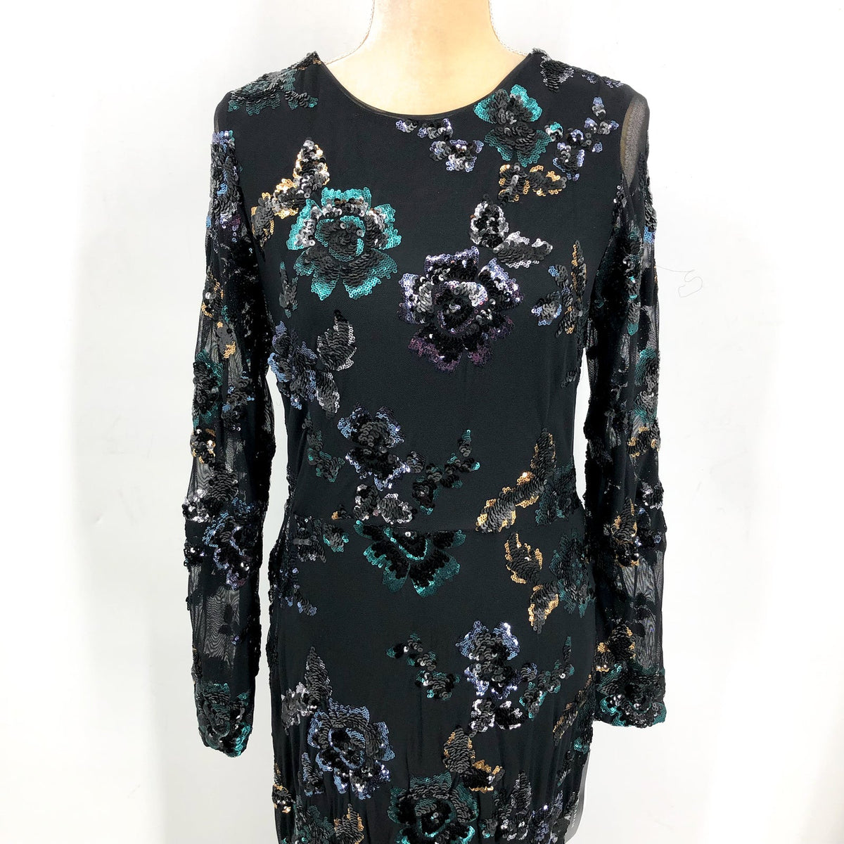 BETSY & ADAM Long Long Sleeve Floral Sequin Gown Size 12 Black & Teal NWT