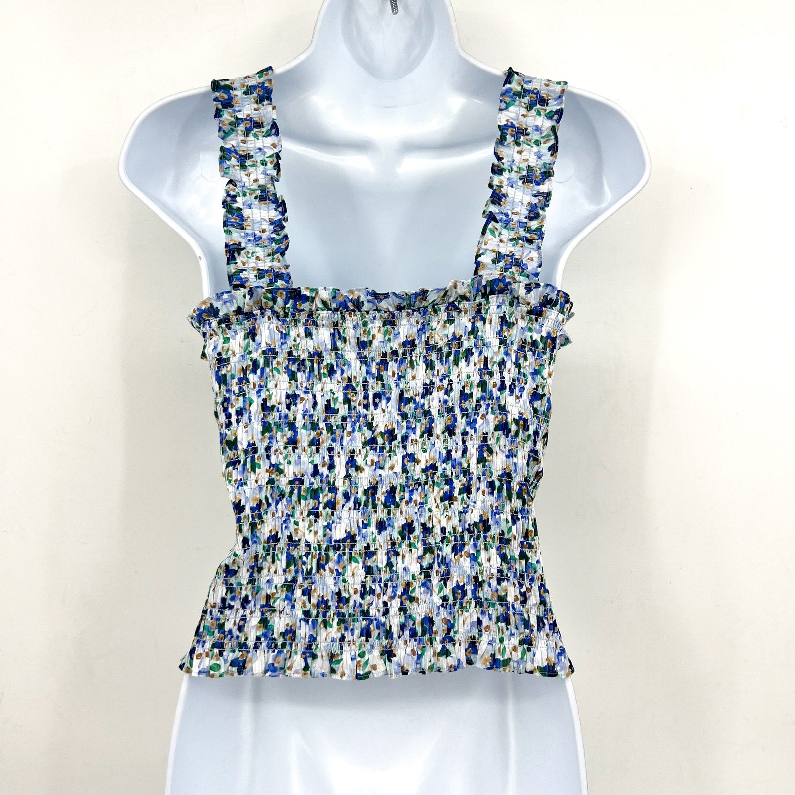 VERONICA BEARD Averie Smocked Tank Top Large Blue Cobalt Floral Print NWOT