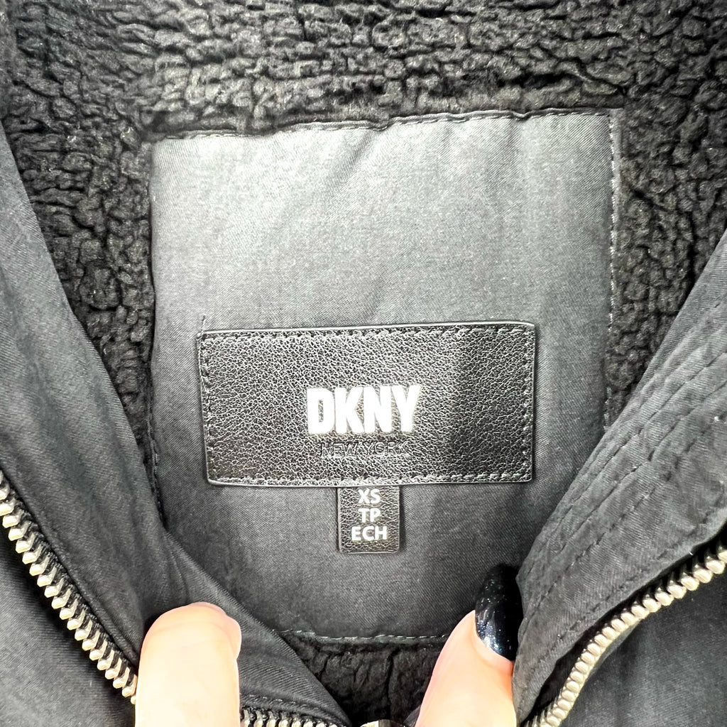 DKNY Women's Faux Fur Hood Anorak Winter Coat XS Black Belted NWT