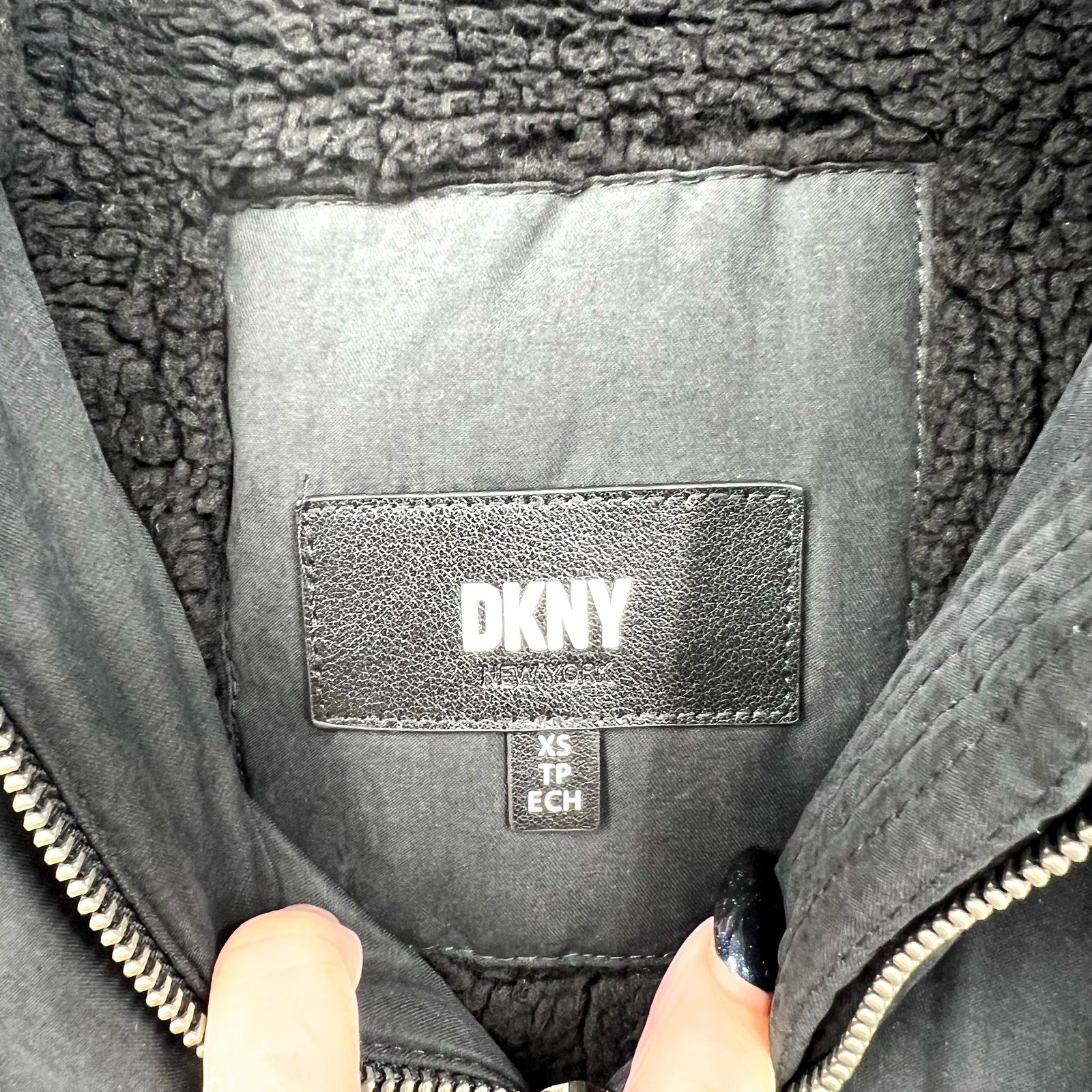 DKNY Women's Faux Fur Hood Anorak Winter Coat XS Black Belted NWT