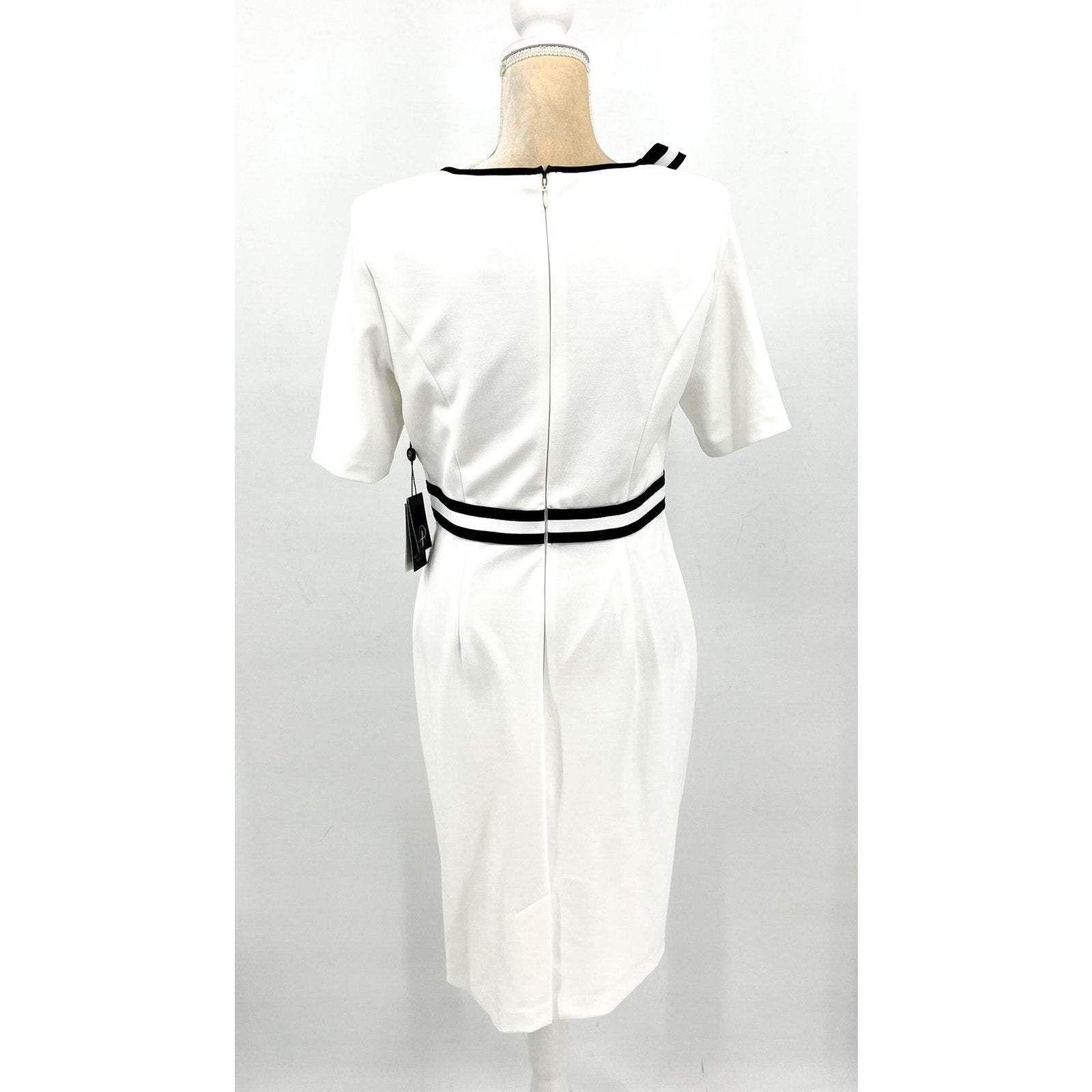 ADRIANNA PAPELL Women's Crepe Ribbon Dress Size 10 Ivory Black Knee Length NWT