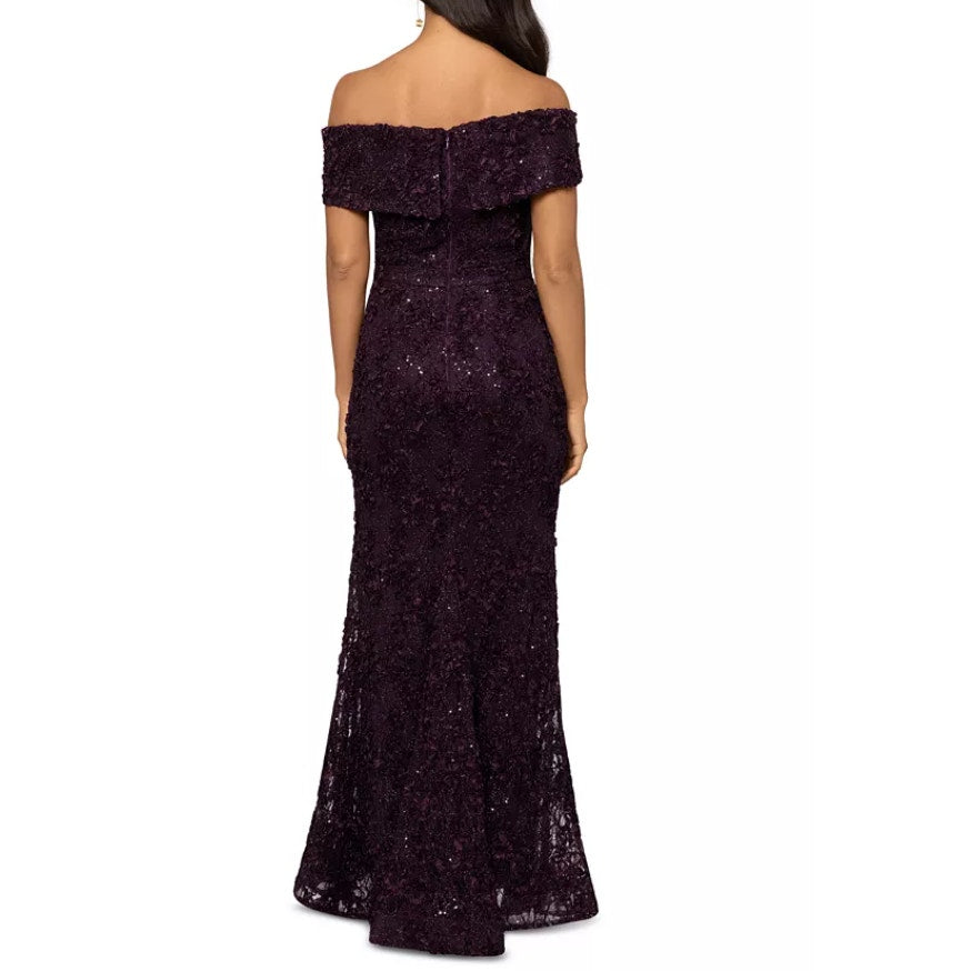 XSCAPE Jill Embroidered Lace Gown Size 12 Purple Off The Shoulder 4618X NWT