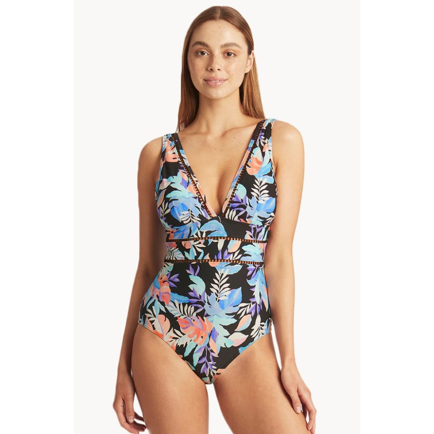 SEA LEVEL SWIM Botanica Spliced One Piece Swimsuit Size 10 Black Floral NWT