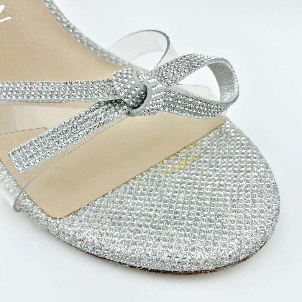 Stuart Weitzman Womens Bow 100 Slide Heel Sandals US 8 M EU 38.5 Silver NWOB