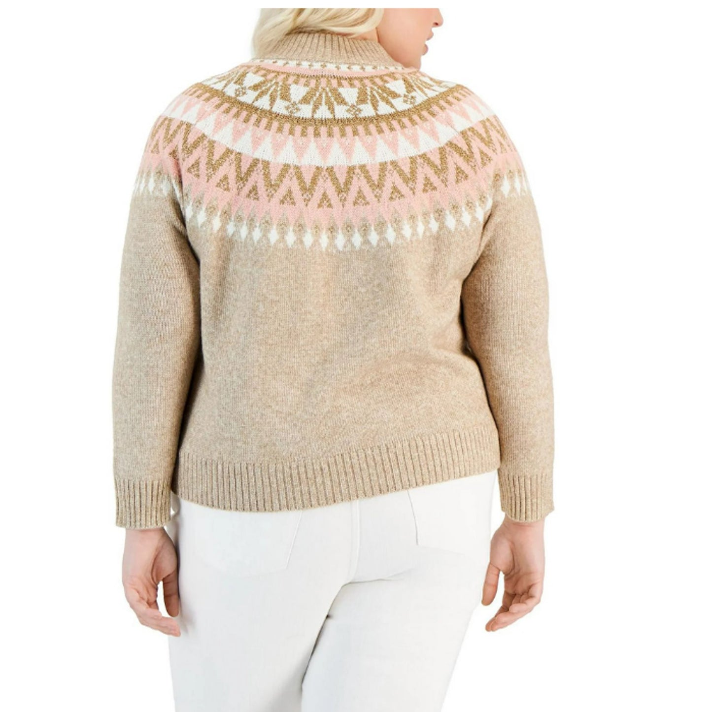 TOMMY HILFIGER Womens Pullover Sweater 1X Tan Pink Knit Metallic Fairisle NWT