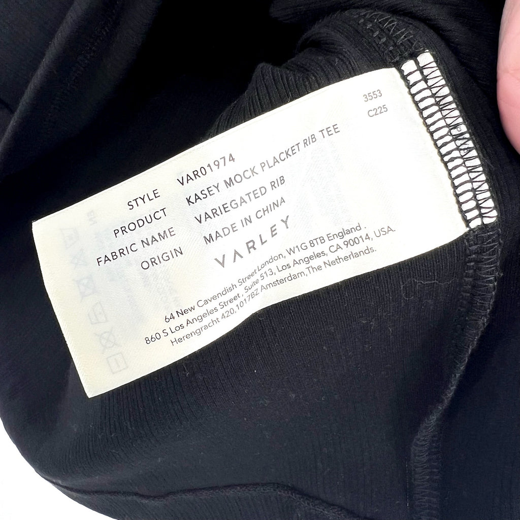 VARLEY Women's Kasey Mock Placket Rib Tee Small Black Short Sleeve NWT