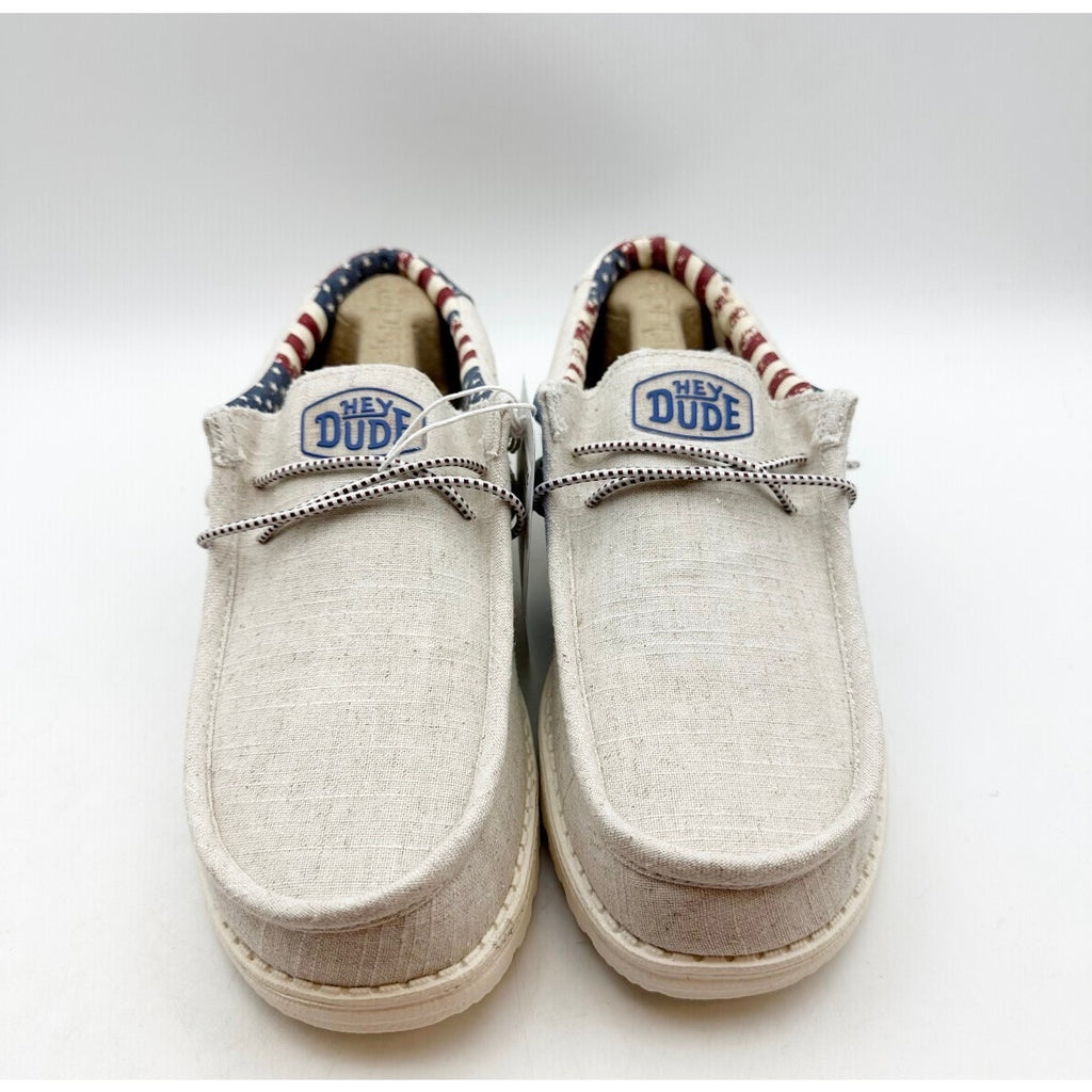 HEY DUDE Mens Wally Patriotic Shoe Size 6 EU 39 Off White Multi Slip On NIB