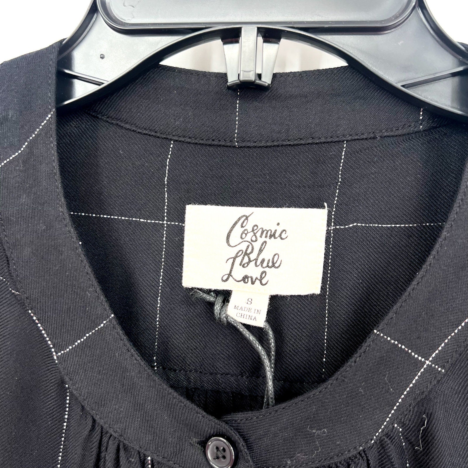 STITCH FIX- COSMIC BLUE LOVE- Womens Blouse Small Black Silver Windowpane LS NWT