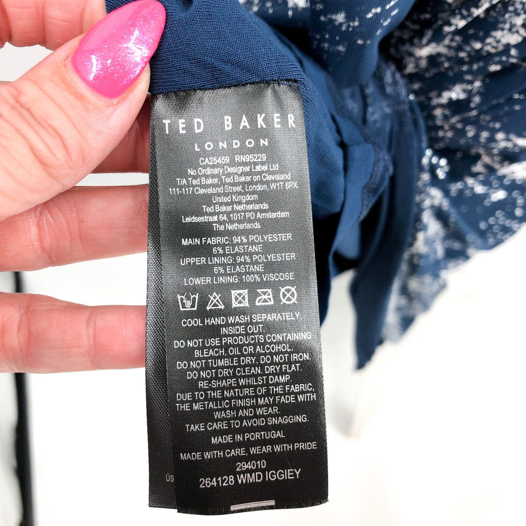TED BAKER Iggiey Metallic Burnout Midi Dress Large US 12 Navy Blue NWT