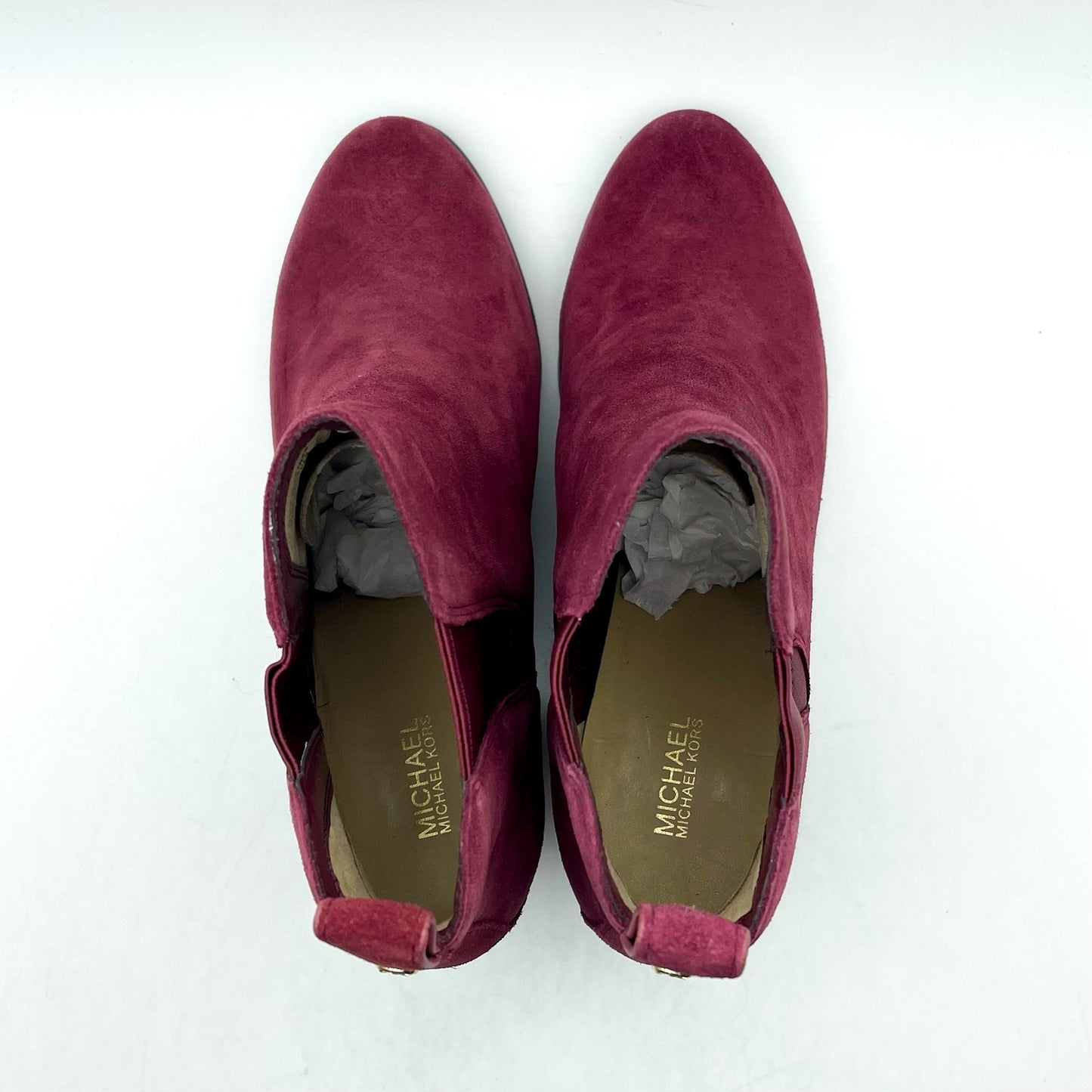 MICHAEL KORS Women's Evaline Suede Heeled Bootie 9M Mulberry Red Pull-On NWOB