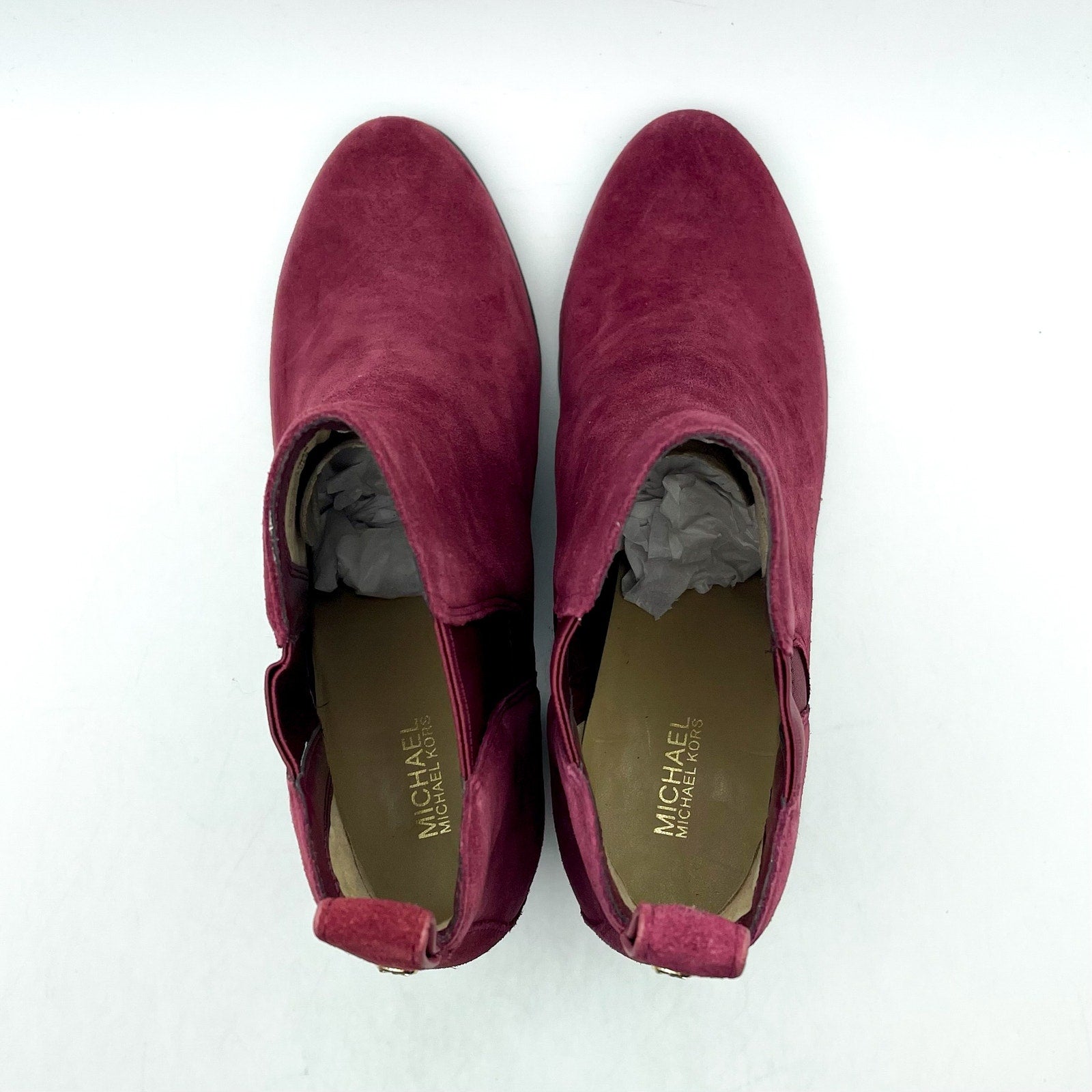 MICHAEL KORS Women's Evaline Booties 9M Mulberry Red Suede Heeled Pull-On NWOB