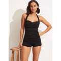 SEAFOLLY Twist Front Boyleg One Piece Swimsuit Size 4 Black Halter Soft Cup NWT