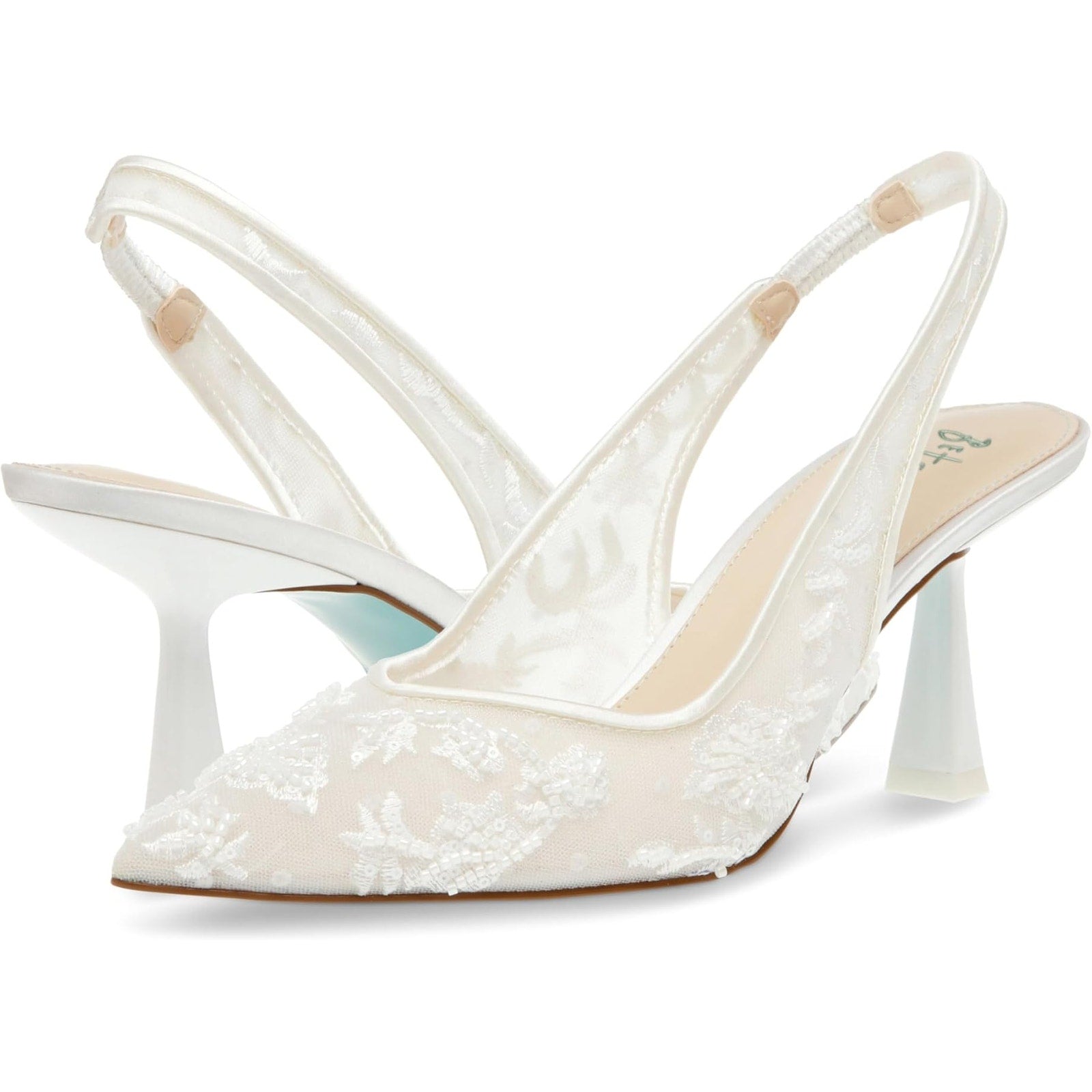 Blue Betsey Johnson Womens Nikki High Heels Size 7.5 White Lace Sling Back NWOB