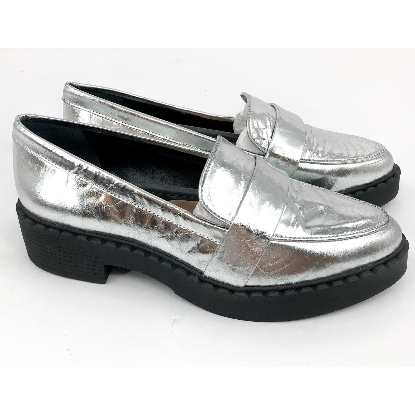VINCE CAMUTO Women's Echika Loafer 6 M Silver Leather Block Heel Penny NWOB