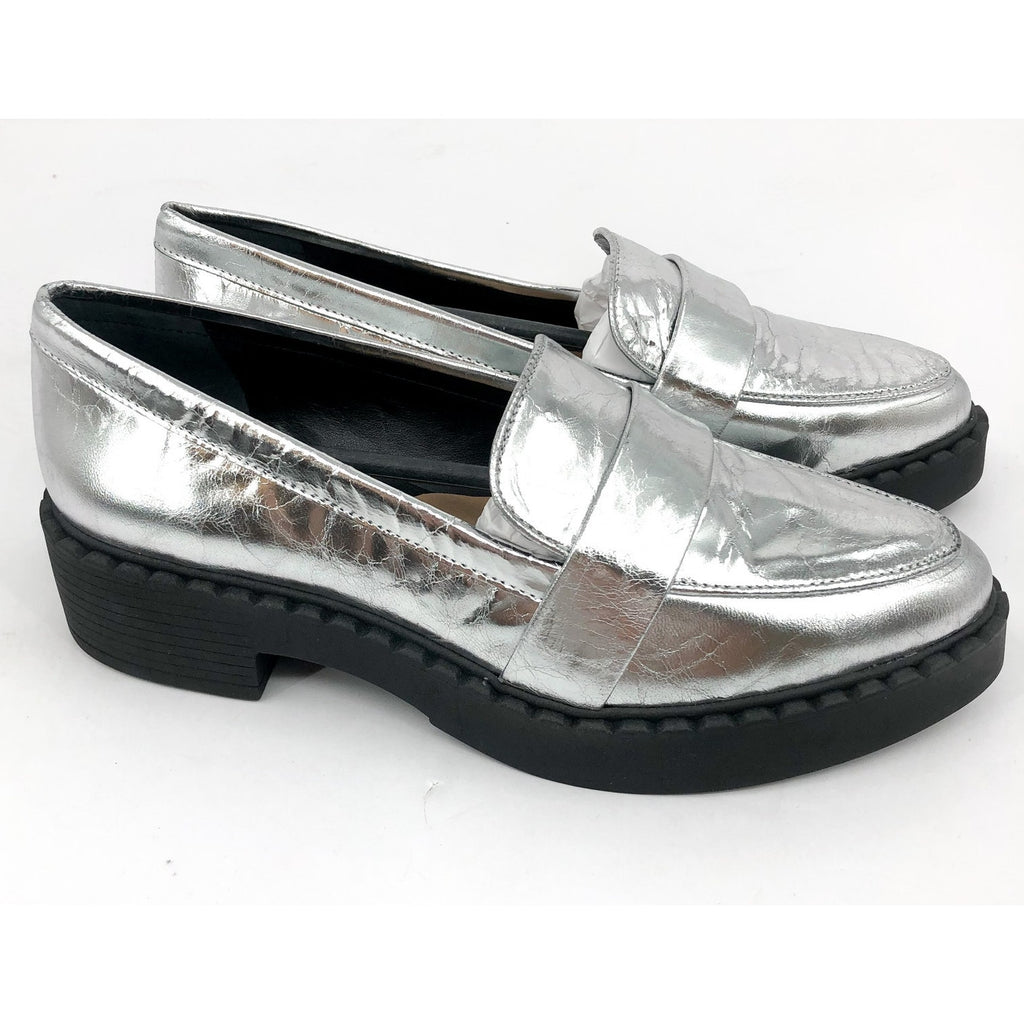 VINCE CAMUTO Women's Echika Loafers Size 6 Silver Leather Block Heel Penny NWOB