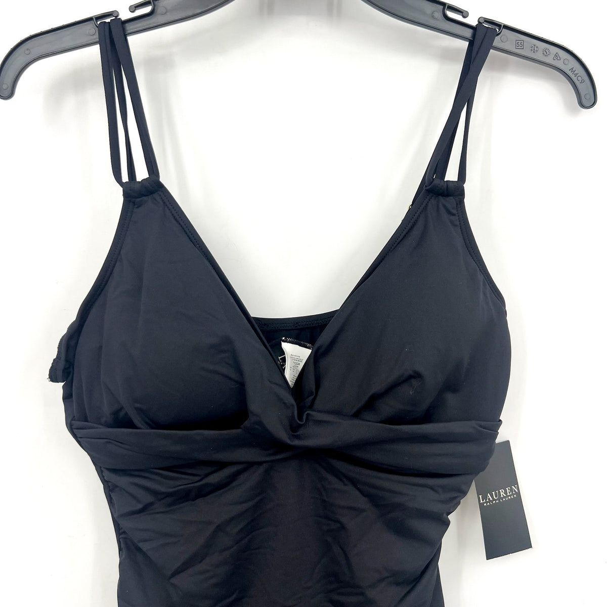 LAUREN RALPH LAUREN Double Strap Twist Tankini Top Size 10 Black Underwire NWT