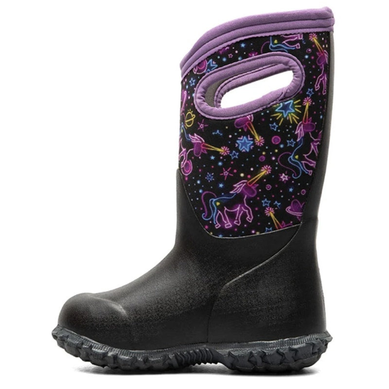 Bogs Girls York Rain Boots Size 5 Black Purple Neon Unicorn Waterproof NWOB
