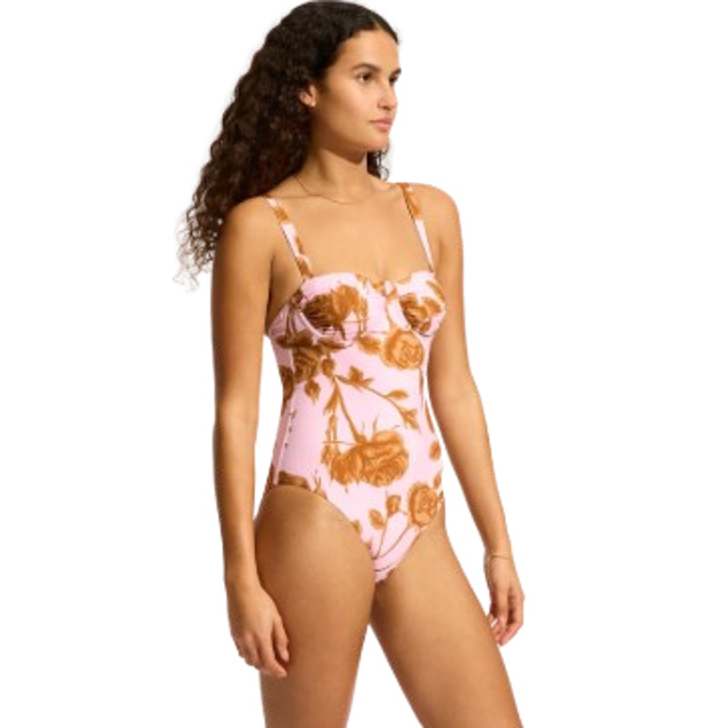 SEAFOLLY Rococo Underwire One Piece Swimsuit Size 8 Pink Blossom Ruched NWT