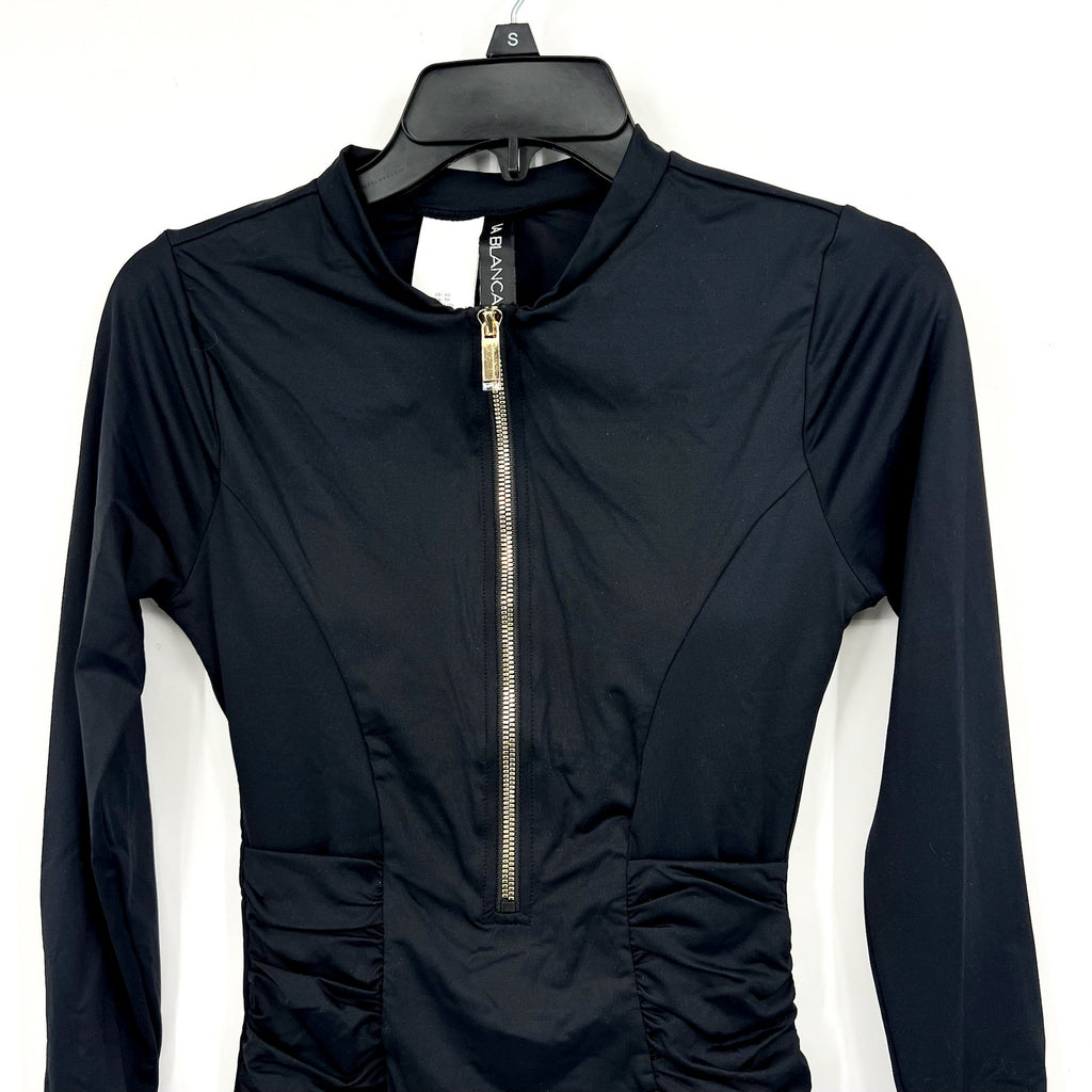 LA BLANCA Women's Zip-Front Paddlesuit Swimsuit XS Black Shirred Long Sleeve NWT