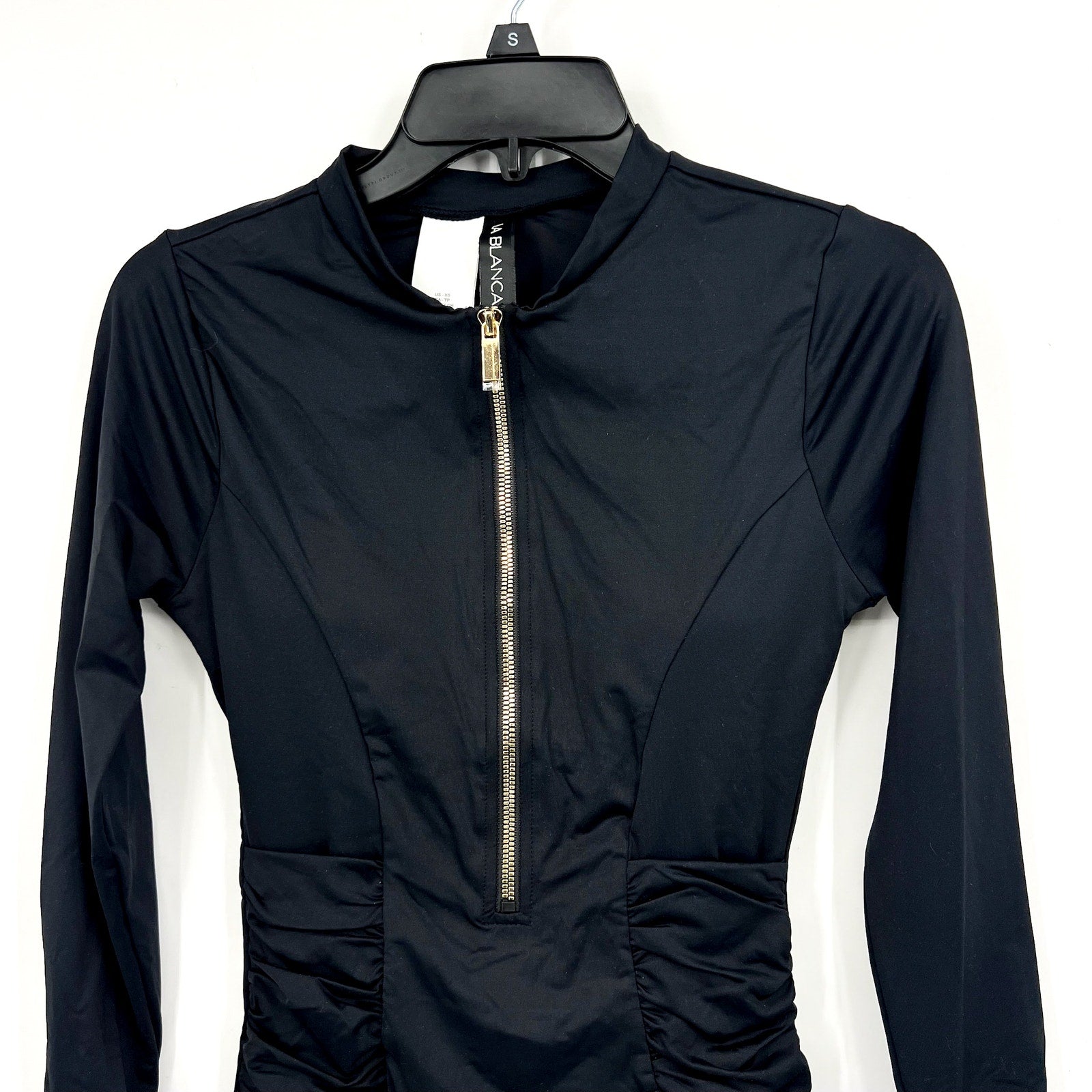 LA BLANCA Women's Zip-Front Paddlesuit Swimsuit XS Black Shirred Long Sleeve NWT