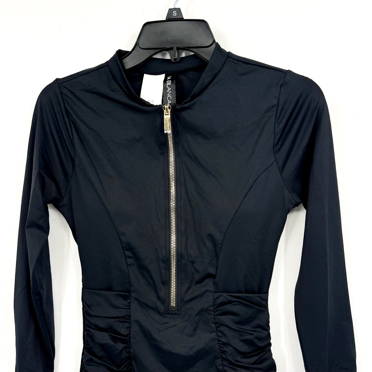 LA BLANCA Women's Zip-Front Paddlesuit Swimsuit XS Black Shirred Long Sleeve NWT