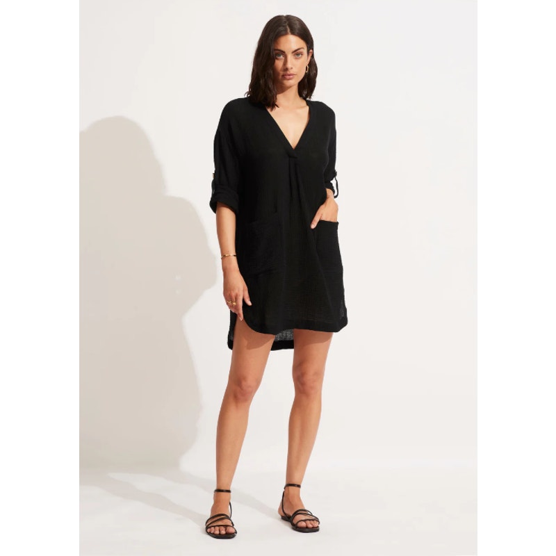 SEAFOLLY Womens Essential Swim Cover Up Dress Size 8 Black Lightweight Gauze NWT