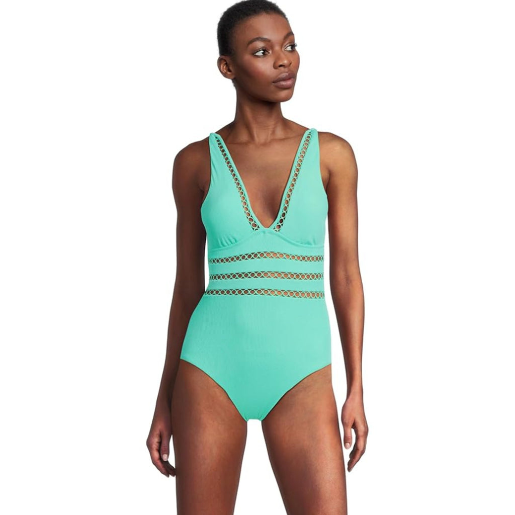 BECCA Modern Edge Toni One-Piece Swimsuit Medium Aqua Sea Green Rib Plunge NWT