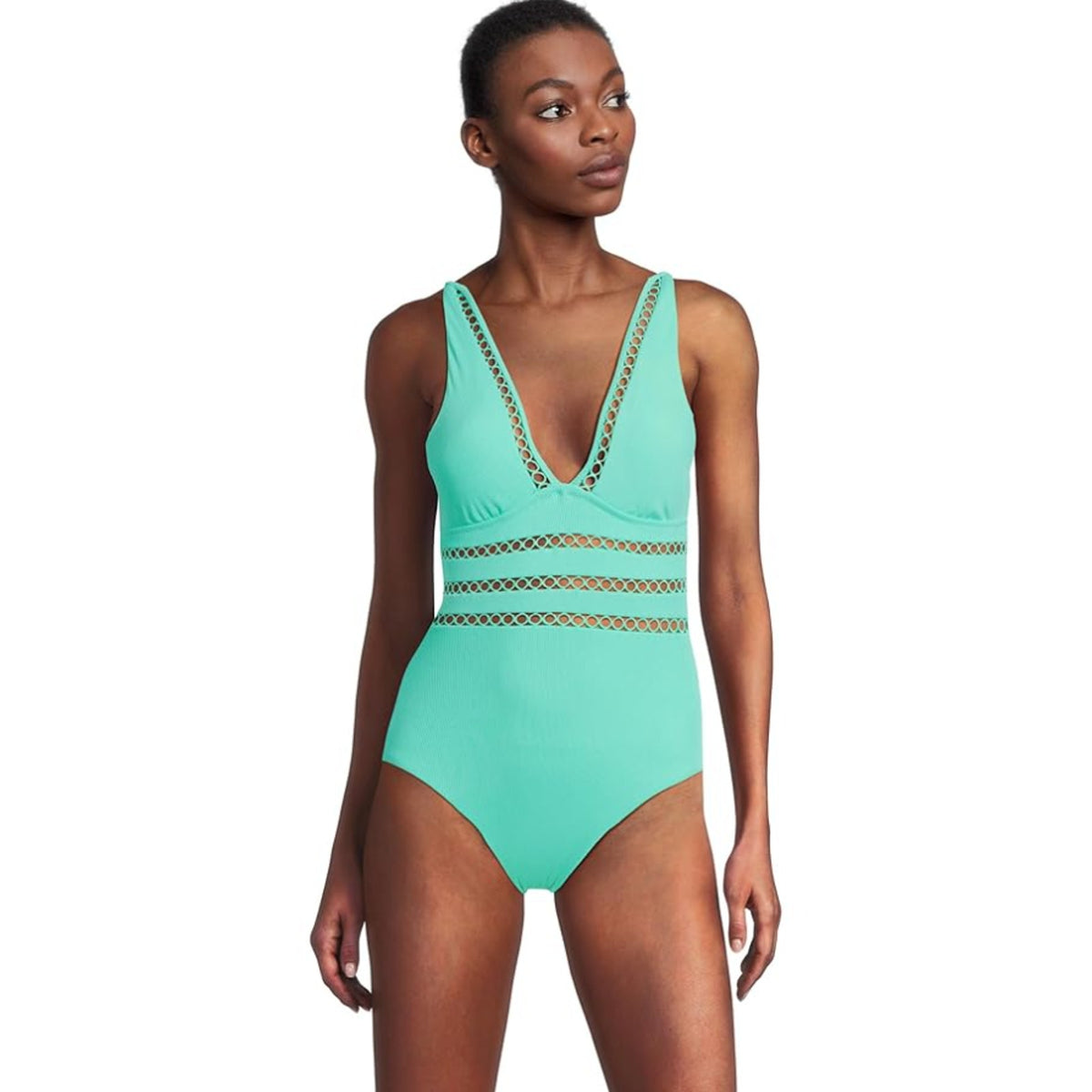 BECCA Modern Edge Toni One-Piece Swimsuit Medium Aqua Sea Green Rib Plunge NWT