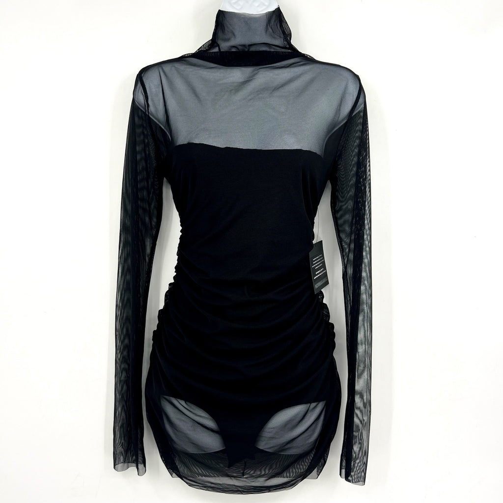 NORMA KAMALI Turtleneck Pickleball Dress Medium FR 38 Black Mesh Long Sleeve NWT