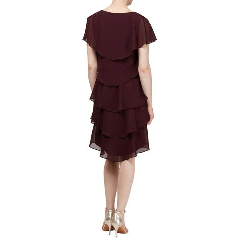 SLNY Tiered V Neck Capelet Dress Size 10 Dark Purple Fig Chiffon NWT