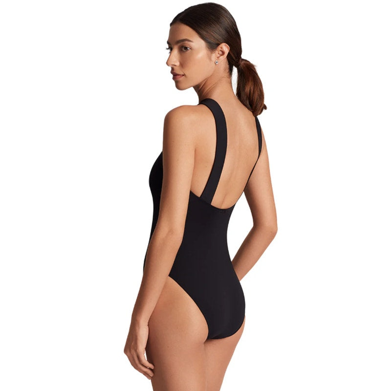 LAUREN RALPH LAUREN Sculpting Cross Front One Piece Swimsuit 12 Black OTS NWT