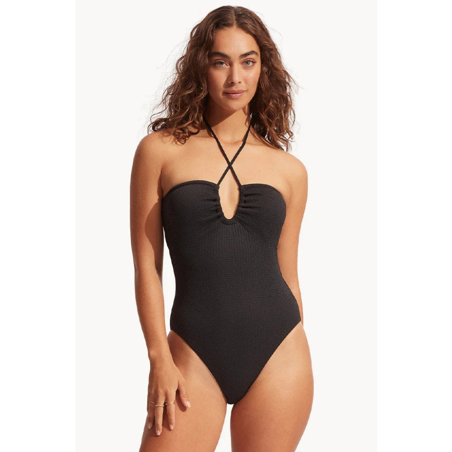 SEAFOLLY Sea Dive Bandeau One Piece Swimsuit Size 6 Black Textured Knit NWT