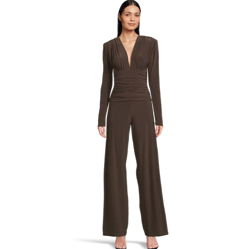 Norma Kamali V-Neck Shirred Waist Jumpsuit XS/34 Chocolate Brown Long Sleeve NWT