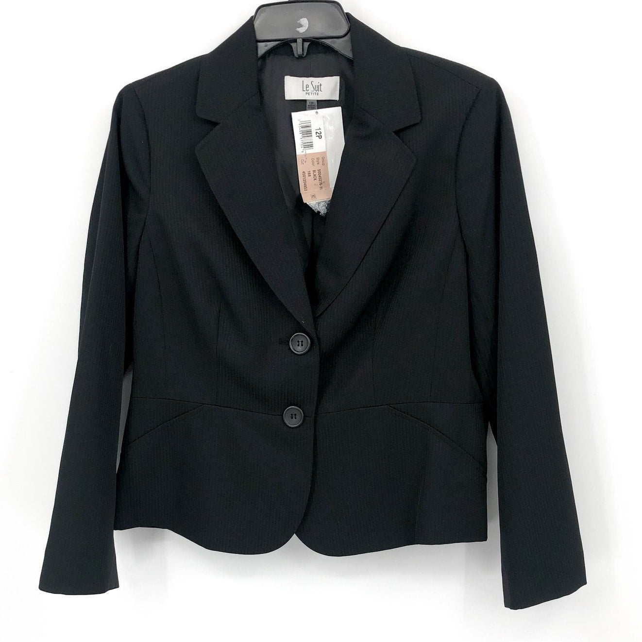 LE SUIT Women's Two Button Blazer Jacket 12 Petite Black Notch Lapel Collar NWT