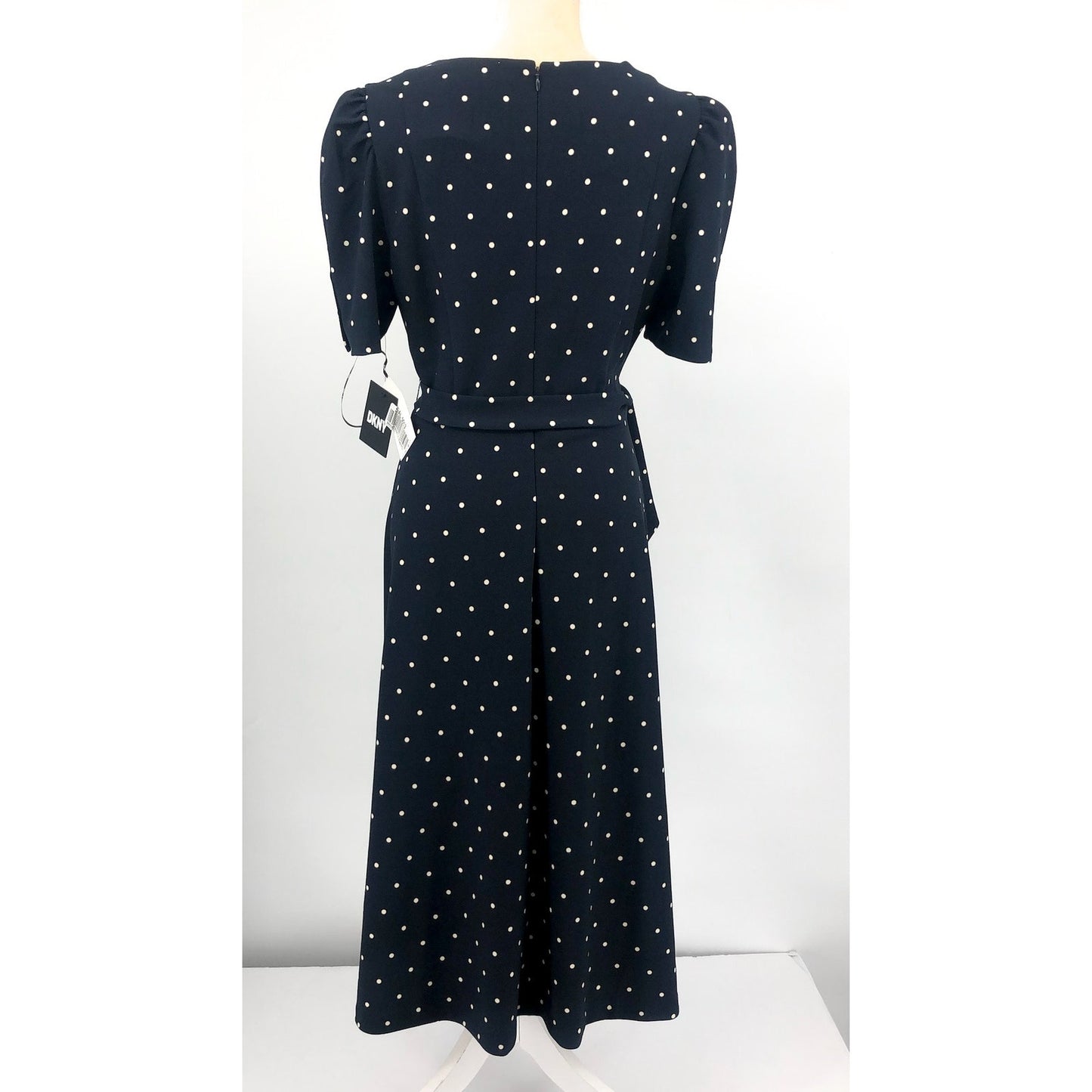 DKNY Women's Polka-Dot Puff-Sleeve Midi Dress Size 12 Navy Waist Tie Belt NWT