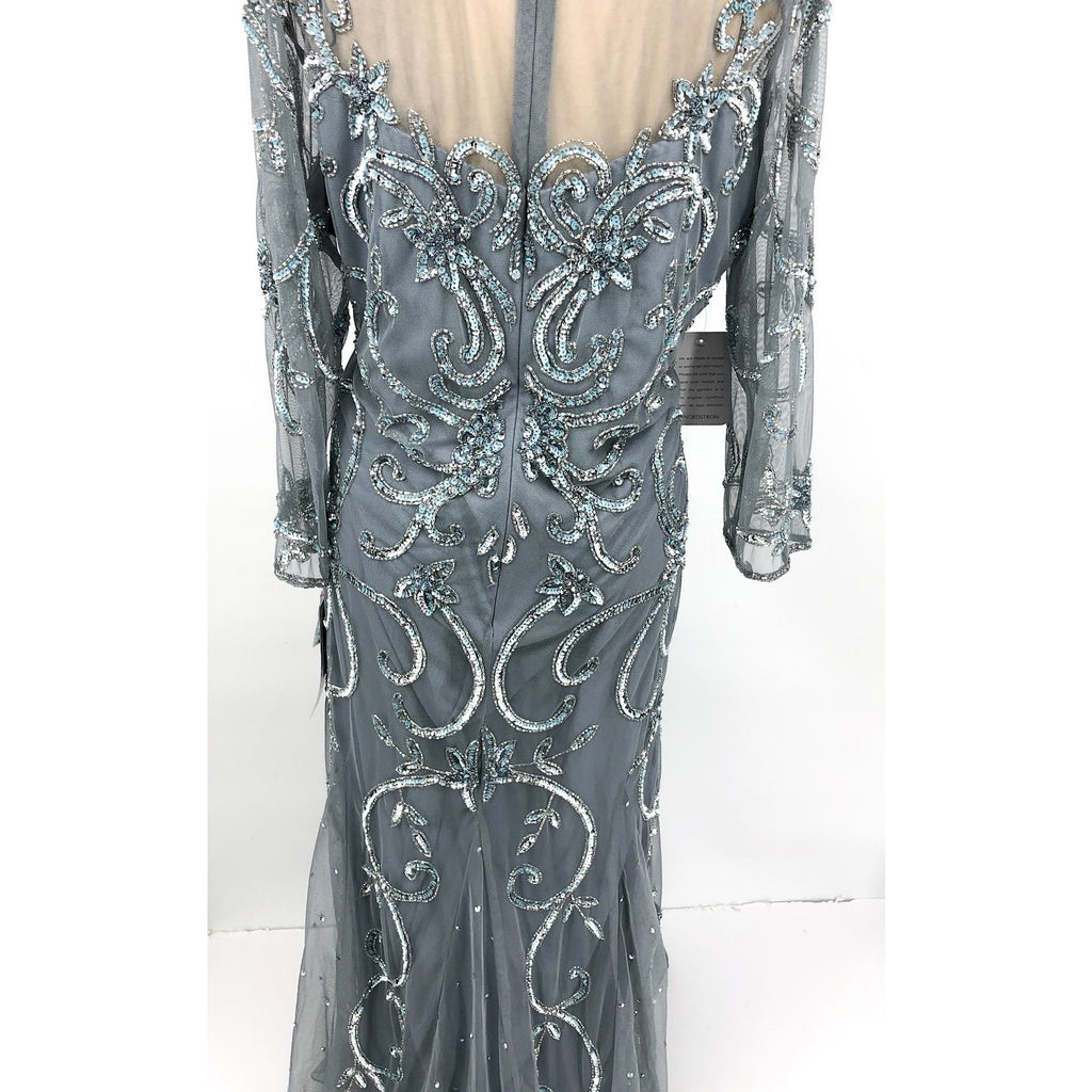PISARRO NIGHTS Beaded Illusion Neck Gown Size 14 Sky Blue Gray 3/4 Sleeve NWT