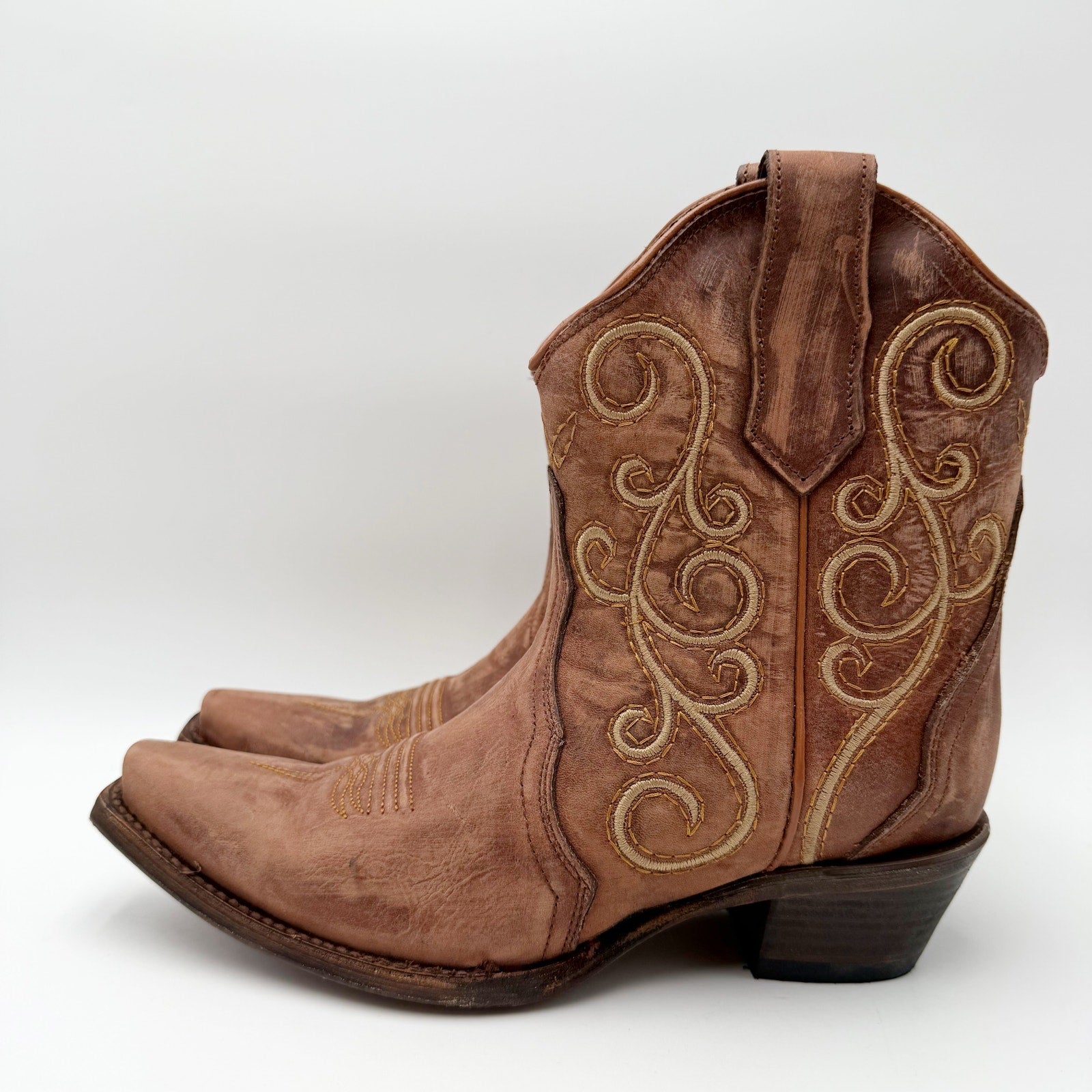 Circle G Women L6070 LD Bronze Ankle Boot US 7.5 M Brown Leather Embroidery NWOB