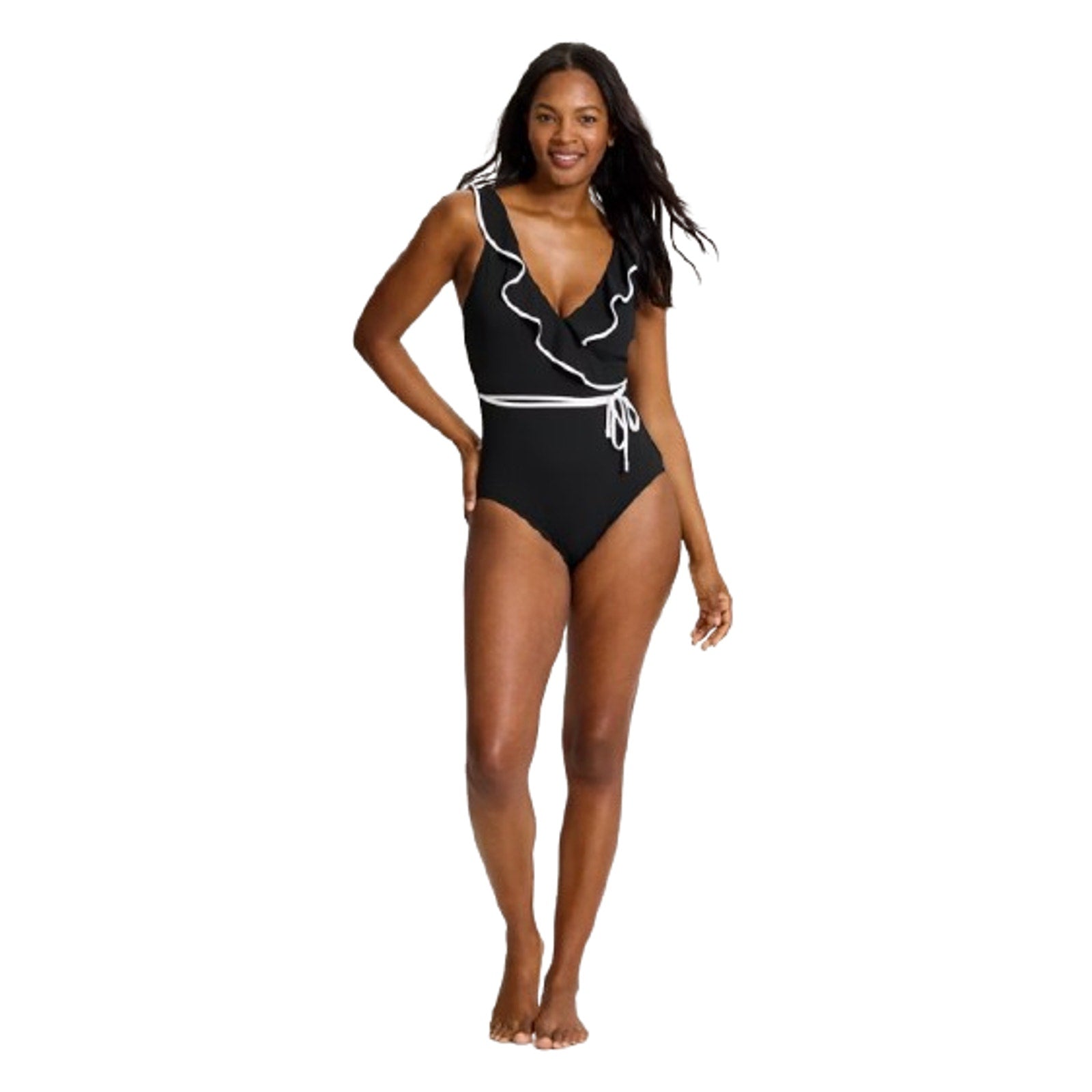 TOMMY BAHAMA Island Cays Cabana Wrap-Front One-Piece Swimsuit 14 Black NWT