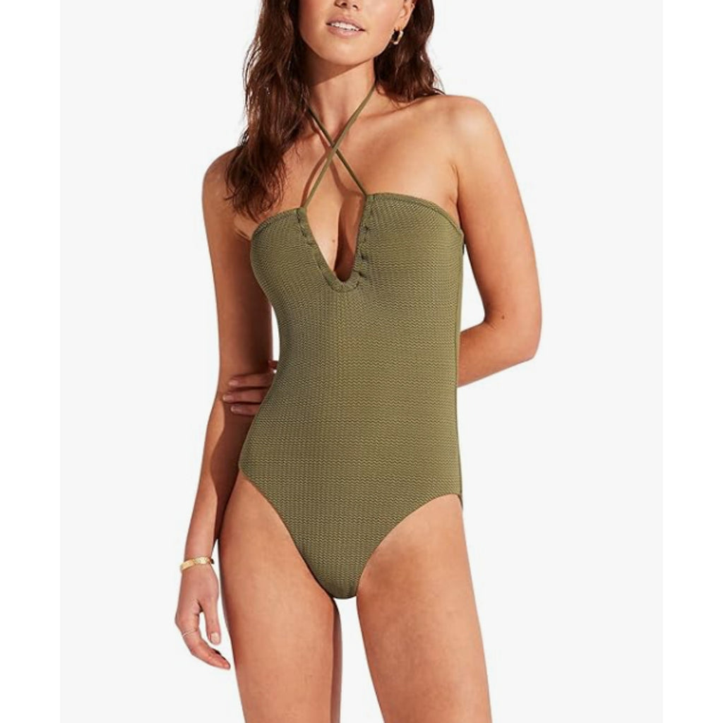 SEAFOLLY Sea Dive Bandeau Maillot One Piece Swimsuit US 8 Green Khaki NWT
