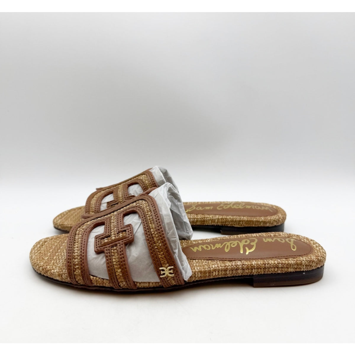 Sam Edelman Women's Bay Slide Sandals Size 7 EU 37 Tan Raffia Flats NIB