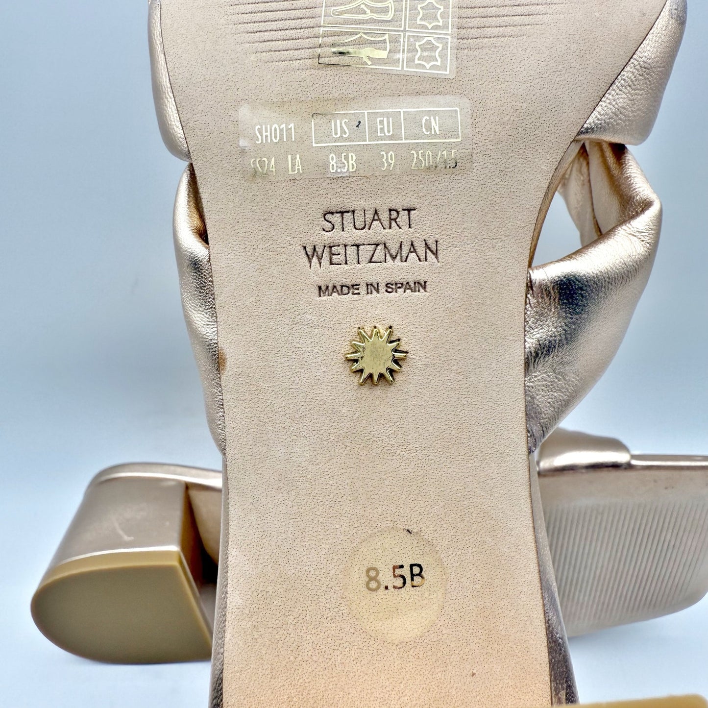 Stuart Weitzman Womens Sofia 45 Slide High Heels US 8.5 M Gold Leather Bow NIB
